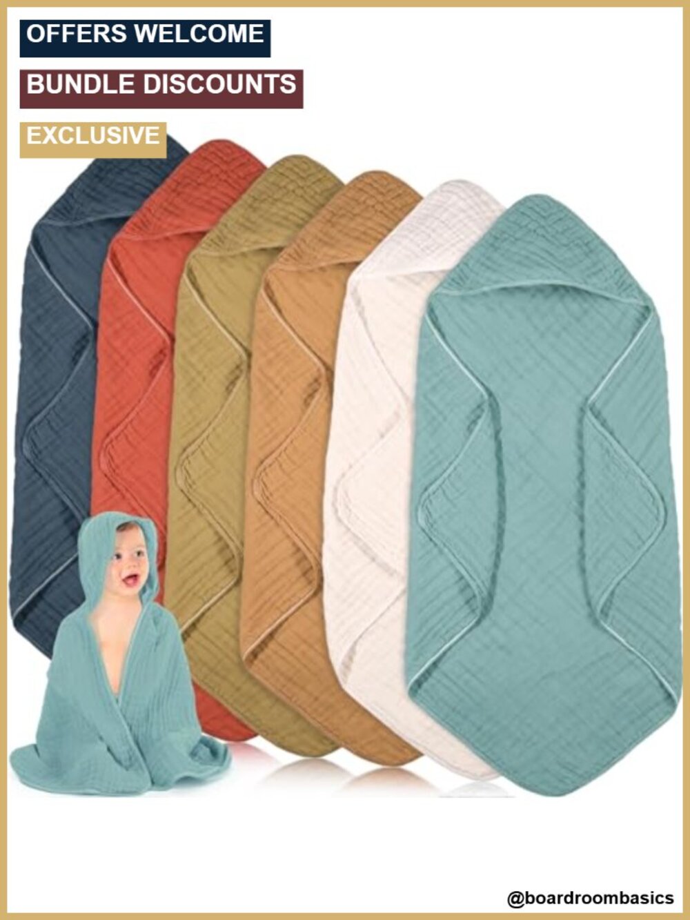 6 Pc Muslin Hooded Baby Towels Cotton 32x32 inch Soft Absorbent